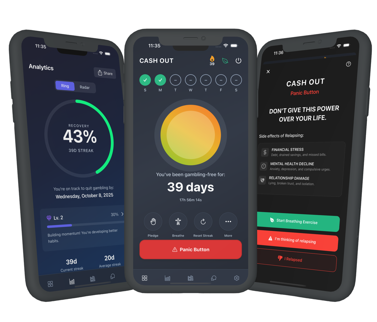 CASH OUT app home screen - gambling recovery app